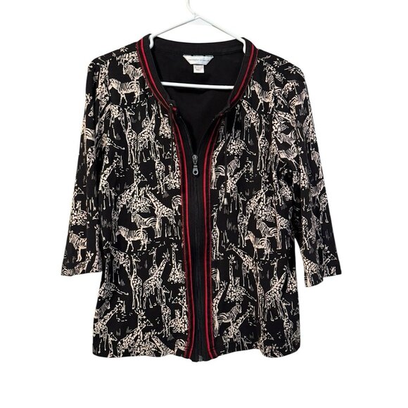 CHRISTOPHER & BANKS ‎ WOMEN'S BLACK STRETCH KNIT JACKET - ZEBRA GIRAFFE PRINT L - Picture 1 of 13
